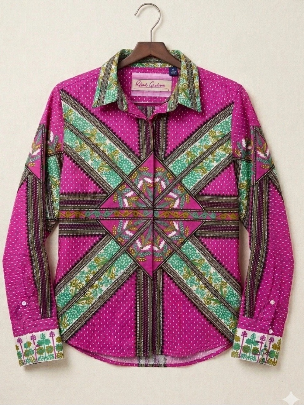 Robert Graham Women Graphic Geometric Paisley Button Down Shirt Pink Green Sz 14